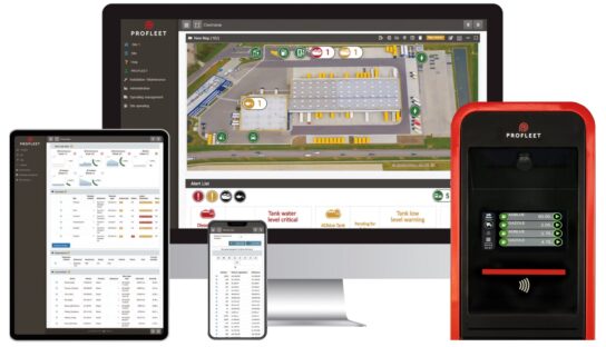 Logmaster met op de achtergrond een overzicht van het dasboard op computer, tablet en gsm.
