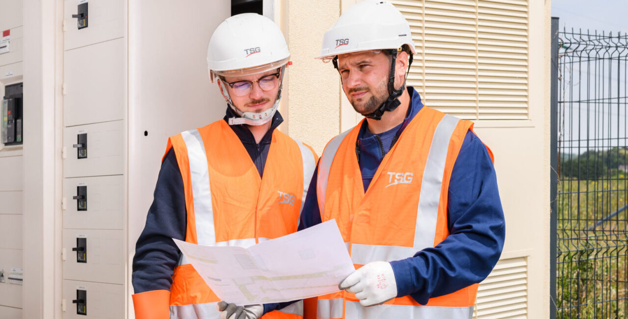 Zwei Techniker stehen vor einem Schaltschrank. Sie tragen orangene Warnwesten und einen Helm von TSG. Der eine Mechaniker erklärt seinem Kollegen anhand einer Skizze die Baustelle.