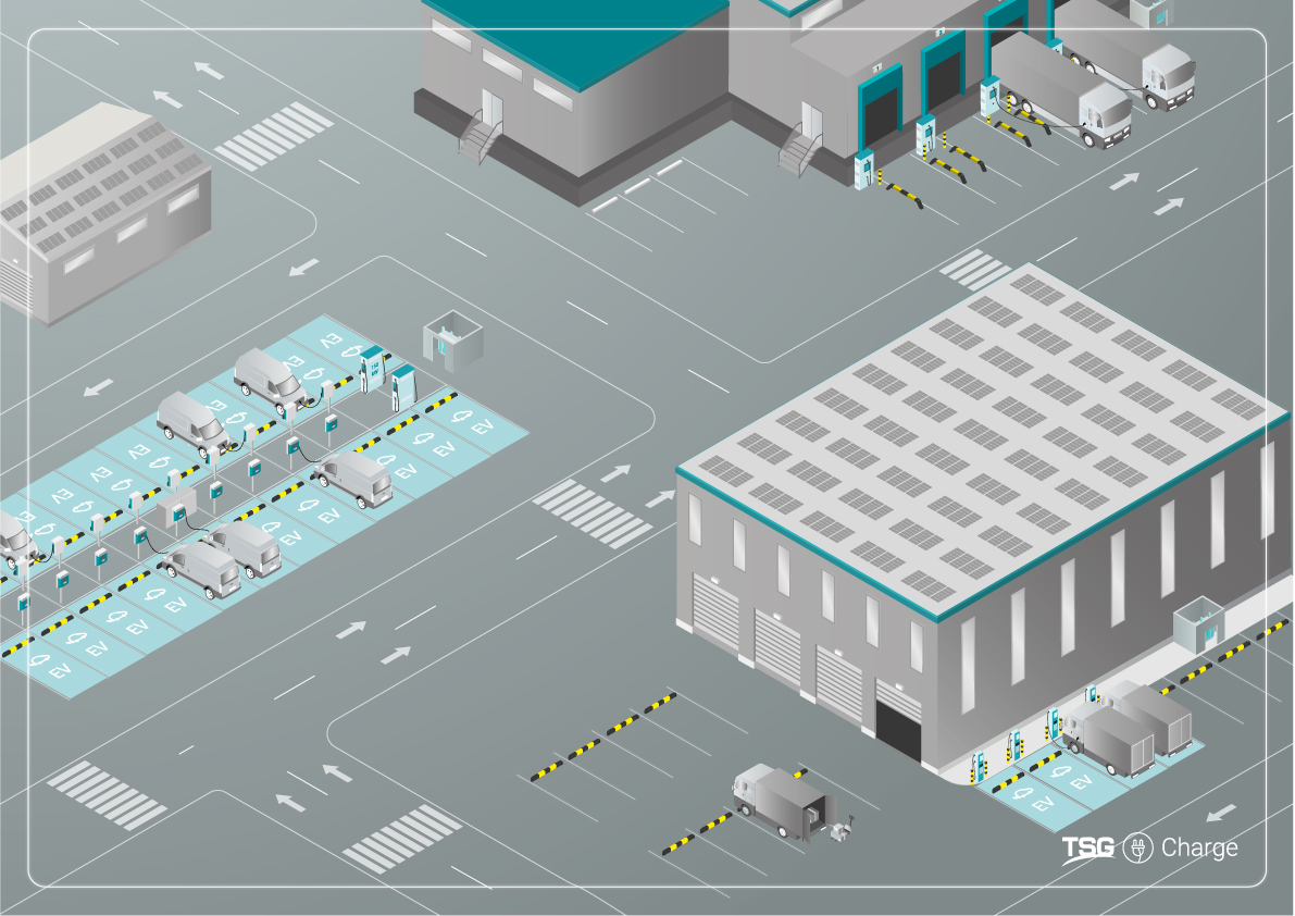3D image of an EV fleet scenario with different charging stations and types of vehicles