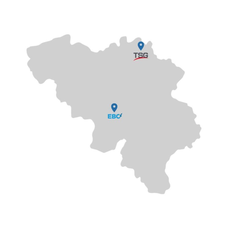 Locaties TSG en EBC aangeduid op de Belgische kaart.