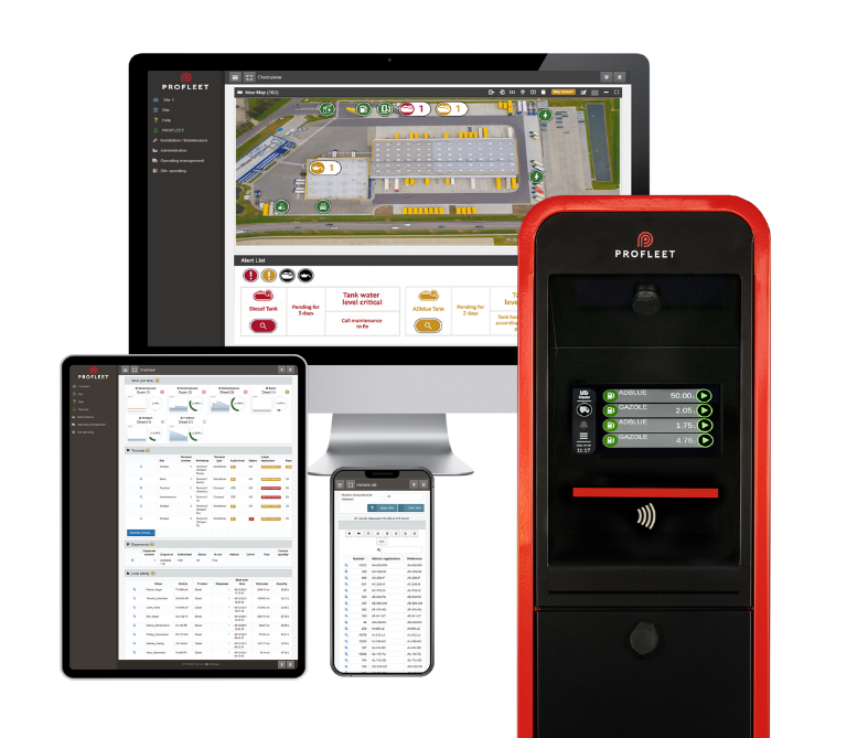 LOGMaster Automaten von TSG für zentrales Standortmanagement mit digitaler Überwachung von Kraftstoffverteilung, Elektroladung, Waschanlagen und Zugangskontrolle auf mehreren Geräten