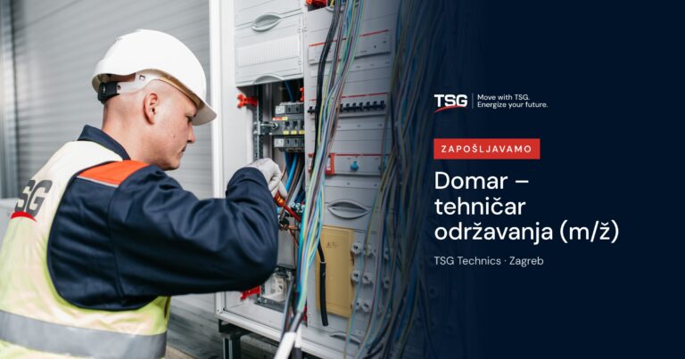 Tehničar TSG Technicsa radi na razvodnom ormaru, uz natpis Zapošljavamo: domar – tehničar održavanja (m/ž), Zagreb